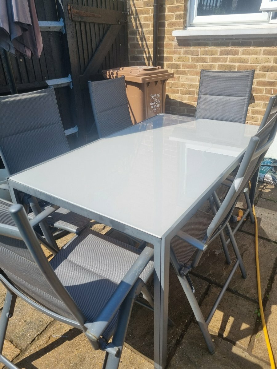 Grey metal garden table and chairs set - For Sale & Items Offered ...