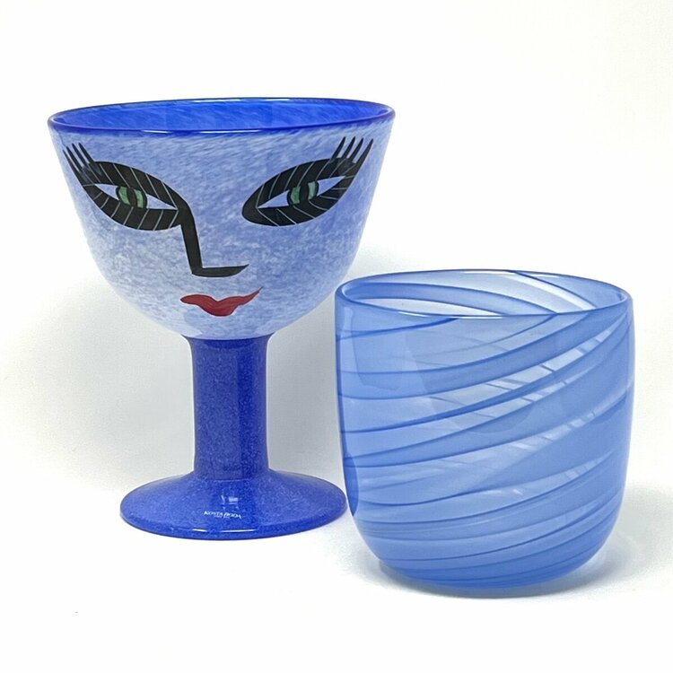 HaresFur Kosta Boda glass, Sweden- Ulrica Hydman Vallien hand painted Open Minds pedestal bowl, 1980s and a unique piece by Mona Morales Schildt, mid-1960s high res.jpg