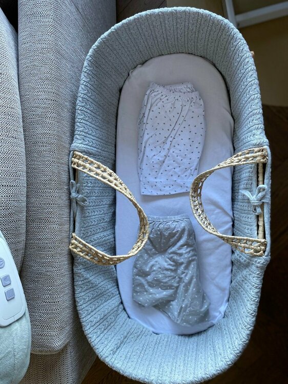 Crib - Top down with white rice and dove rice fitted sheets.jpg