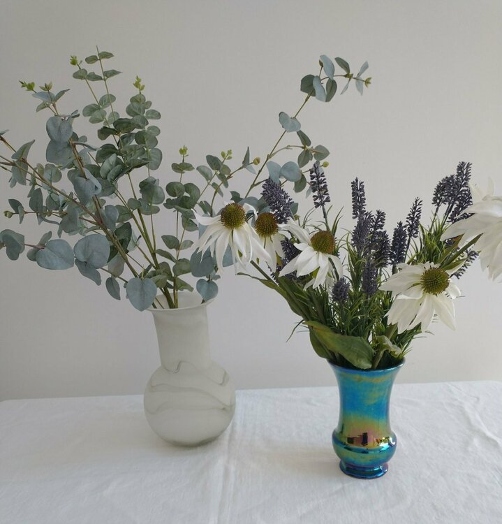 artificial eucalyptus lavender daisies Anthropologie glass vase.jpg