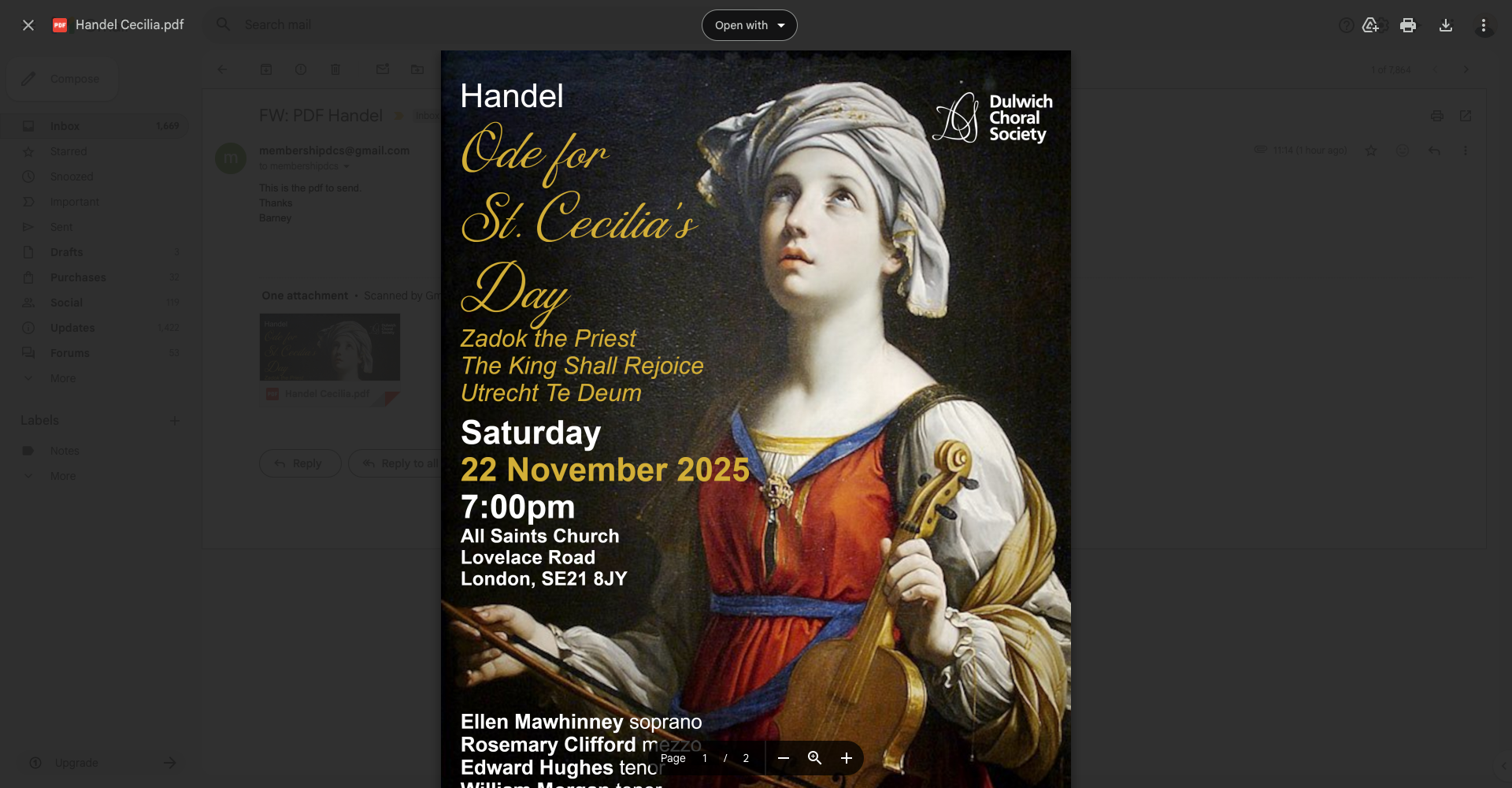 Dulwich Choral Society - Handel's Ode for St. Cecilia's Day, Coronation Anthems and Utrecht Te Deum
